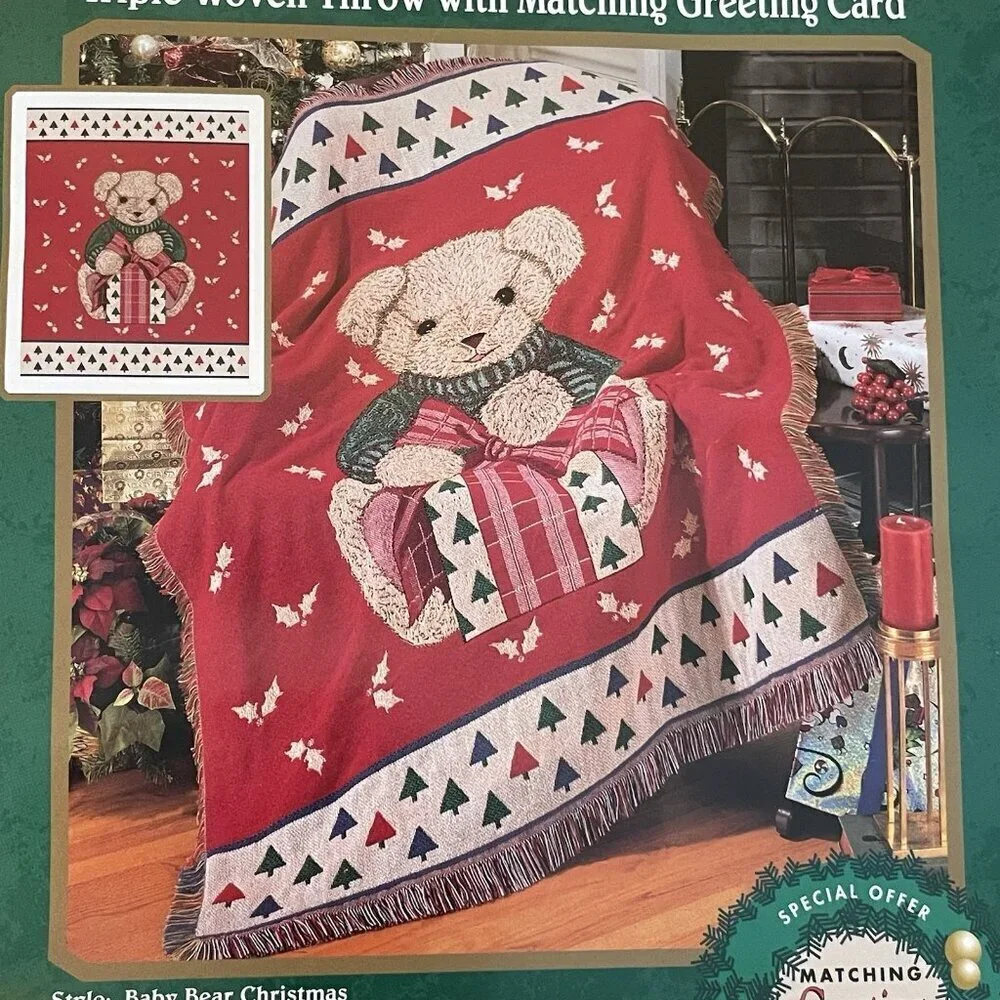 Vintage American Weavers Holiday Throw Blanket Teddy Bear Christmas Woven NEW